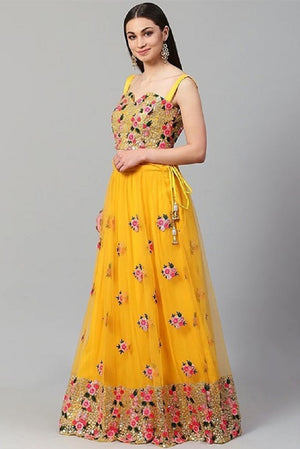 Yellow Floral Embroidered Net Lehenga