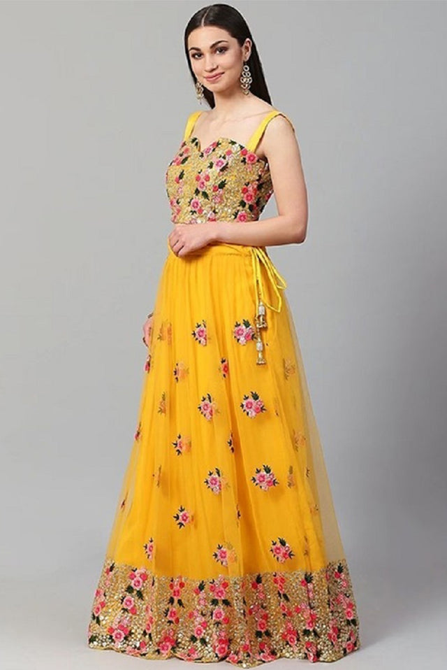 Yellow Floral Embroidered Net Lehenga