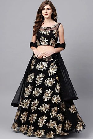 Black Floral Embroidered Net Lehenga