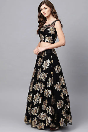 Black Floral Embroidered Net Lehenga
