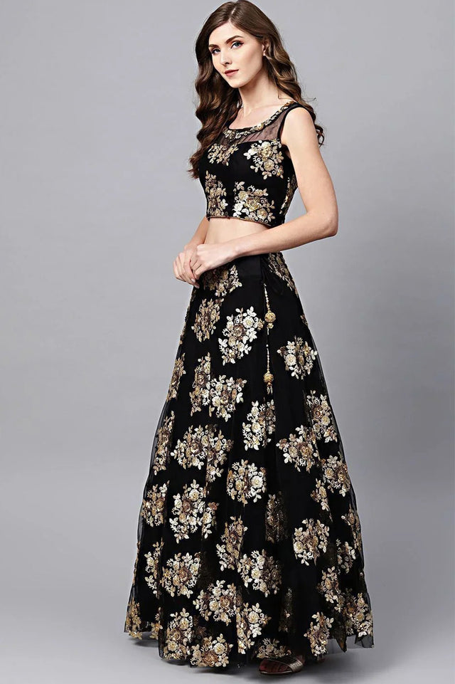 Black Floral Embroidered Net Lehenga
