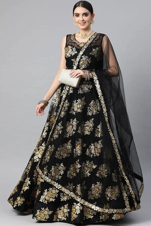 Black Floral Embroidered Net Lehenga