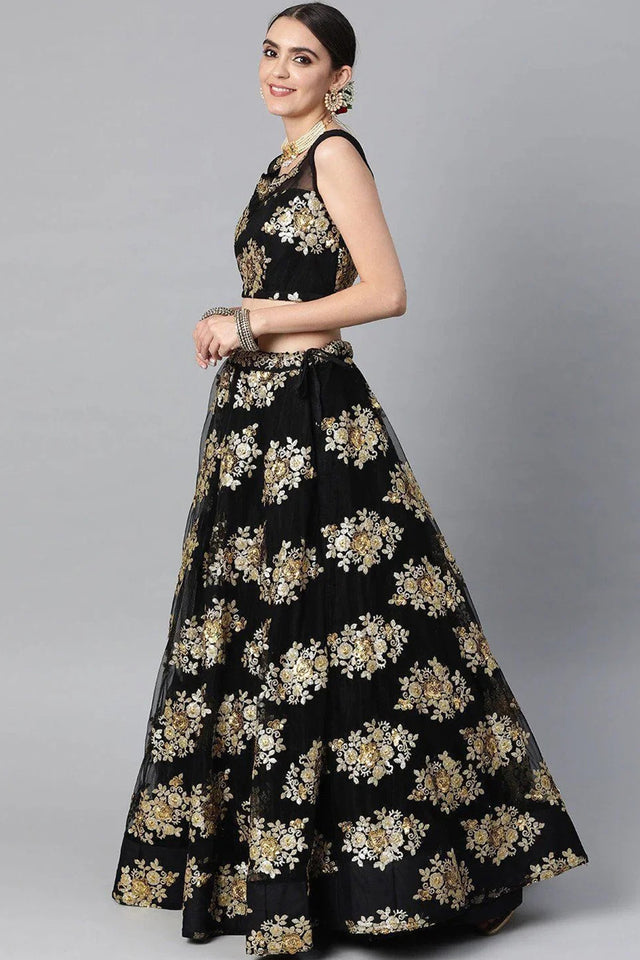 Black Floral Embroidered Net Lehenga