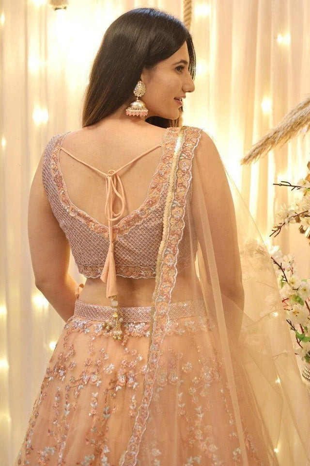 Peach Floral Embroidered Georgette Lehenga