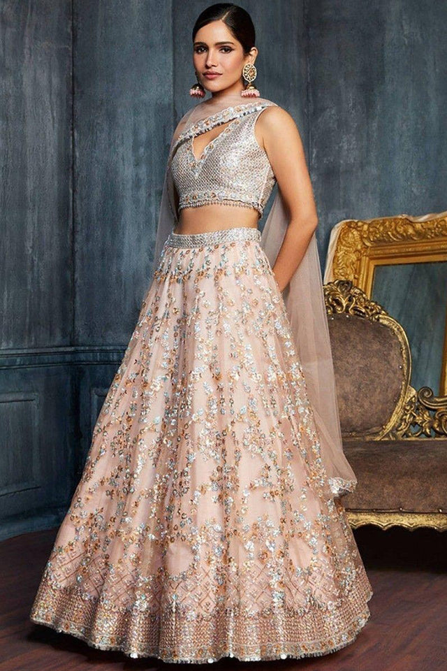 Peach Floral Embroidered Georgette Lehenga