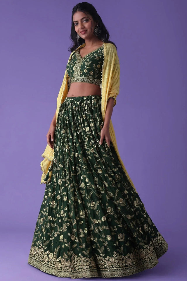 Green Floral Embroidered Georgette Lehenga