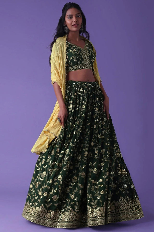 Green Floral Embroidered Georgette Lehenga