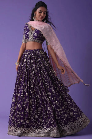 Violet Floral Embroidered Georgette Lehenga