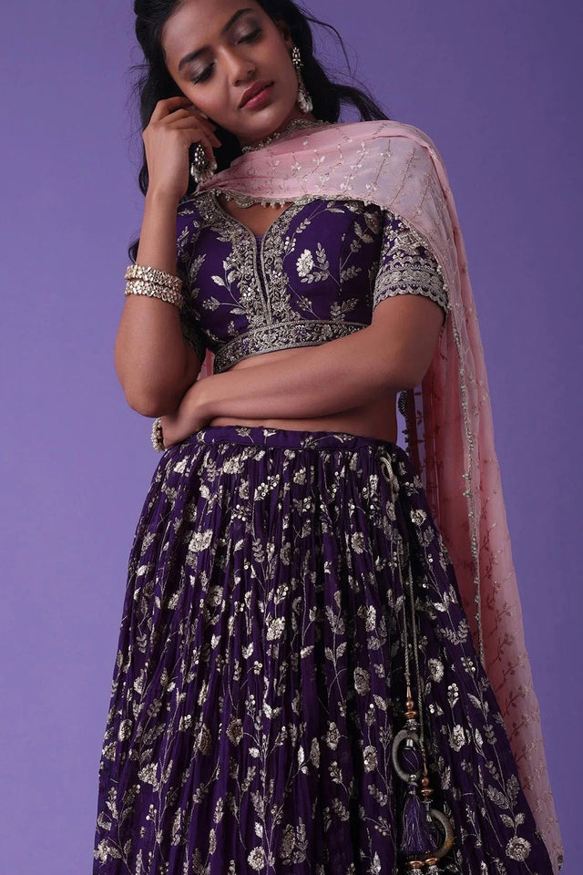 Violet Floral Embroidered Georgette Lehenga