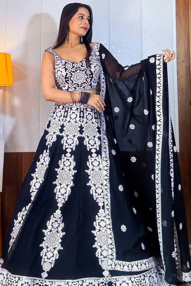 Black Embroidered Georgette Lehenga