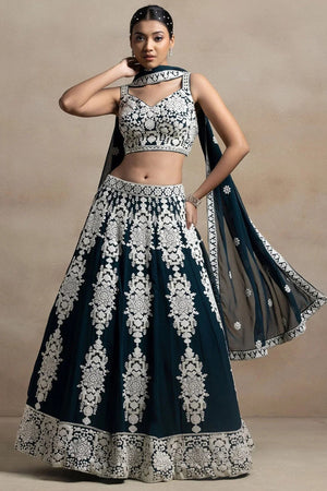 Green Embroidered Georgette Lehenga