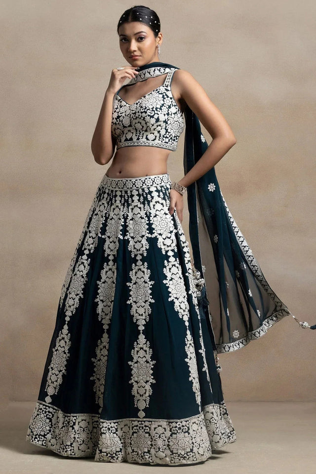 Green Embroidered Georgette Lehenga