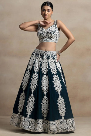 Green Embroidered Georgette Lehenga