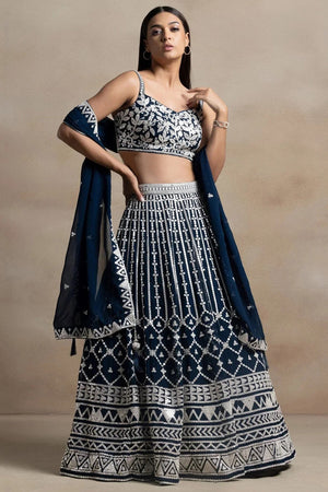 Navy Blue Embroidered Georgette Lehenga