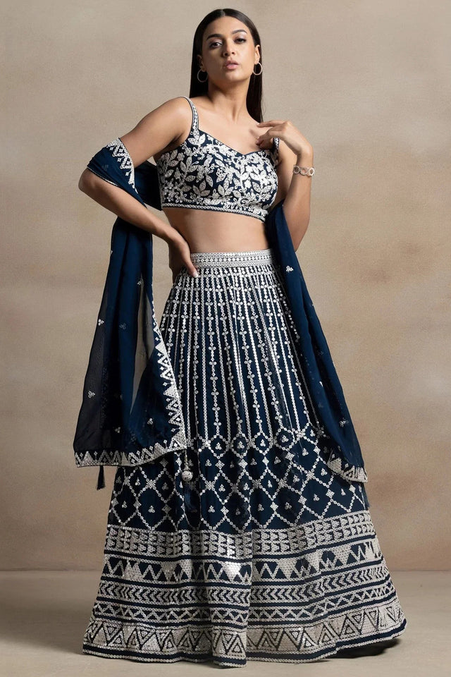 Navy Blue Embroidered Georgette Lehenga