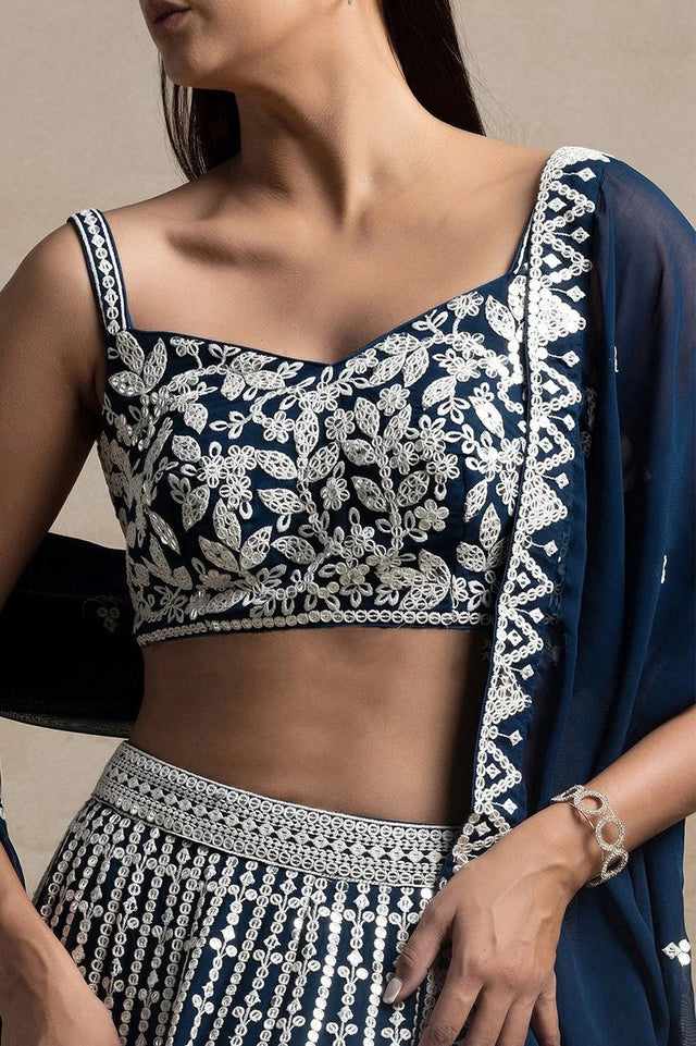 Navy Blue Embroidered Georgette Lehenga