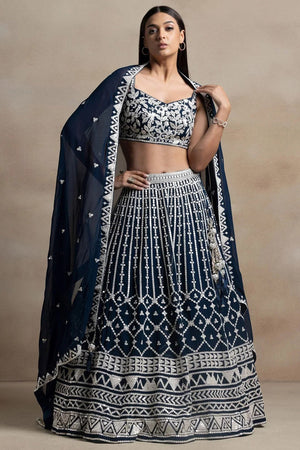 Navy Blue Embroidered Georgette Lehenga