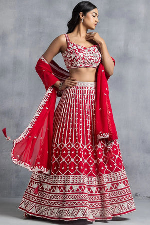Red Embroidered Georgette Lehenga