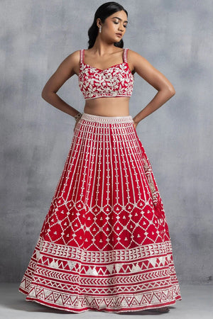 Red Embroidered Georgette Lehenga