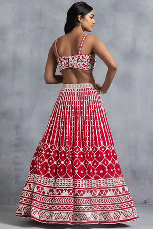 Red Embroidered Georgette Lehenga