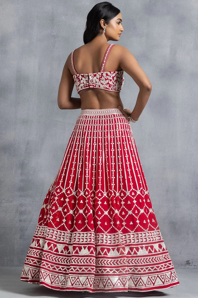 Red Embroidered Georgette Lehenga