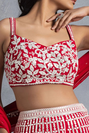 Red Embroidered Georgette Lehenga