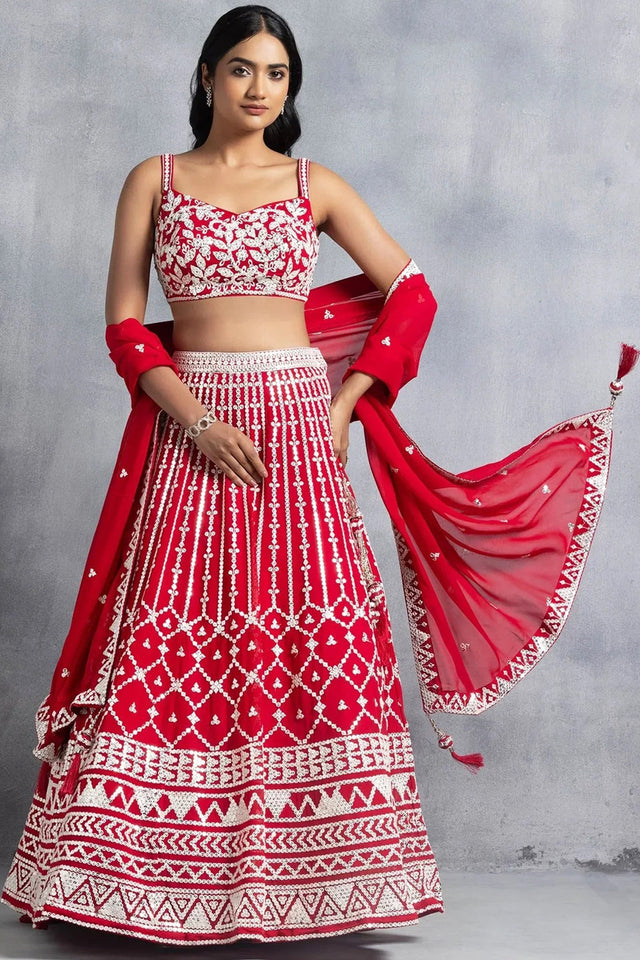 Red Embroidered Georgette Lehenga