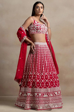 Red Embroidered Georgette Lehenga