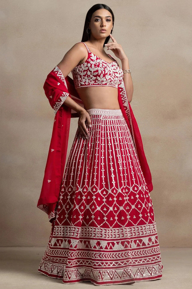 Red Embroidered Georgette Lehenga