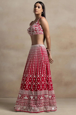 Red Embroidered Georgette Lehenga