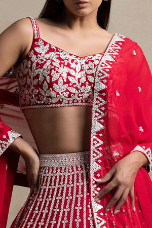 Red Embroidered Georgette Lehenga