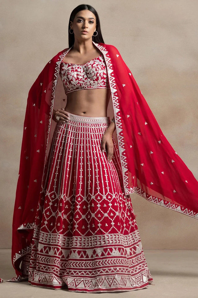 Red Embroidered Georgette Lehenga