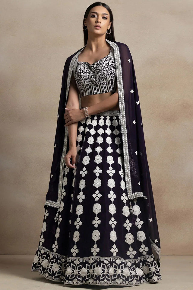 Violet Embroidered Georgette Lehenga