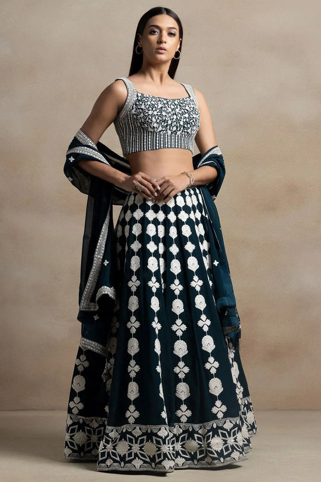 Green Embroidered Net Lehenga