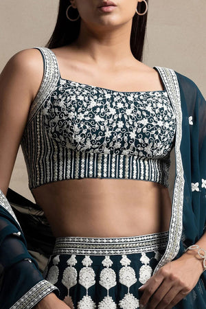 Green Embroidered Net Lehenga