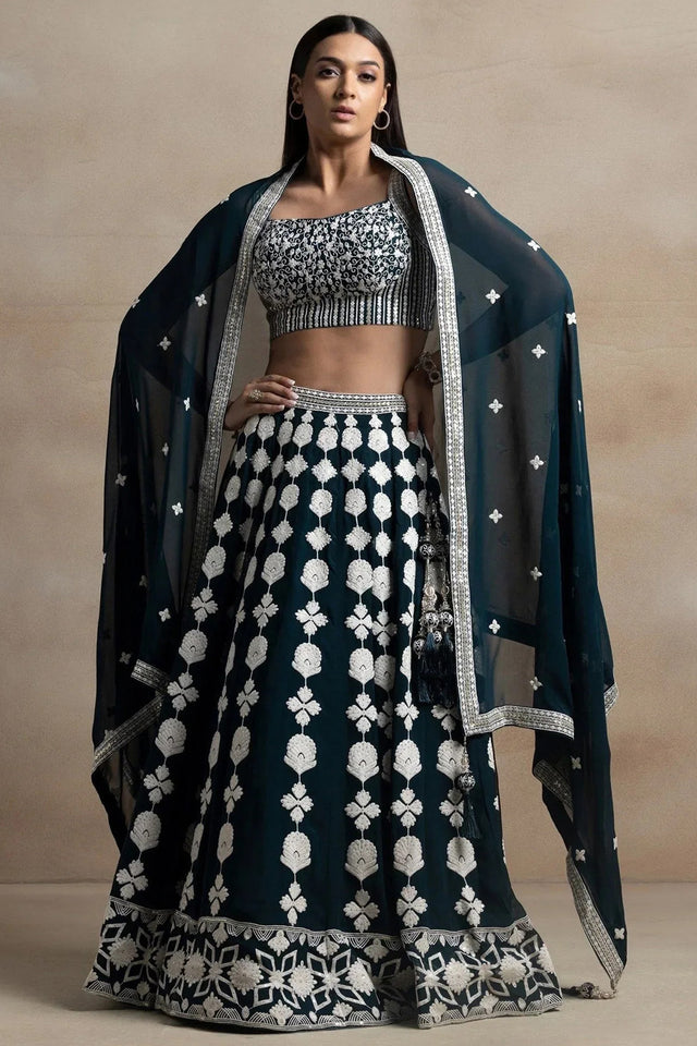 Green Embroidered Net Lehenga