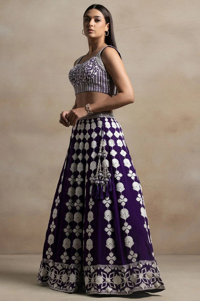 Violet Embroidered Silk Lehenga