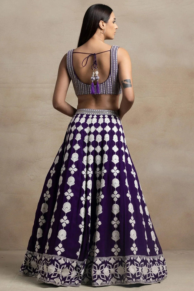 Violet Embroidered Silk Lehenga