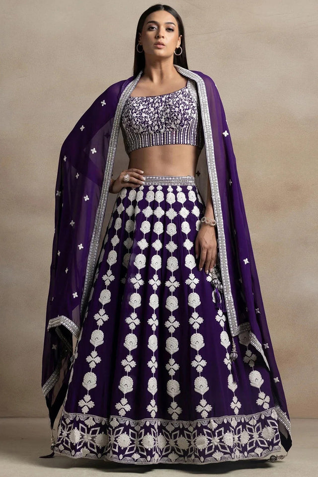 Violet Embroidered Silk Lehenga
