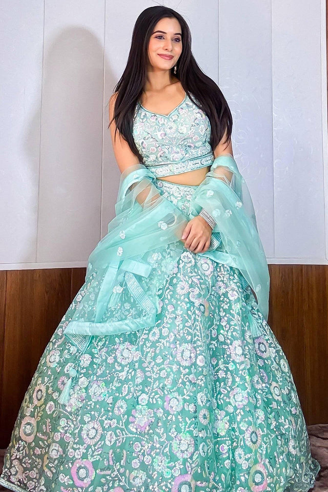 Blue Embroidered Silk Lehenga