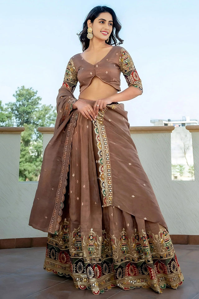 Beige Sequin Silk Lehenga