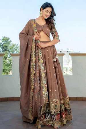 Beige Sequin Silk Lehenga