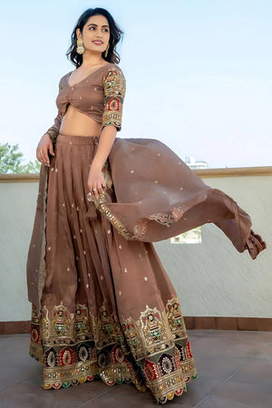 Beige Sequin Silk Lehenga