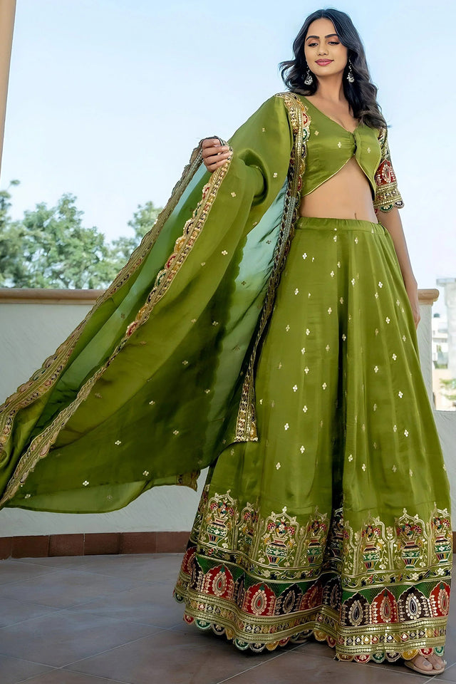 Green Sequin Georgette Lehenga