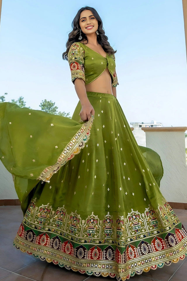 Green Sequin Georgette Lehenga