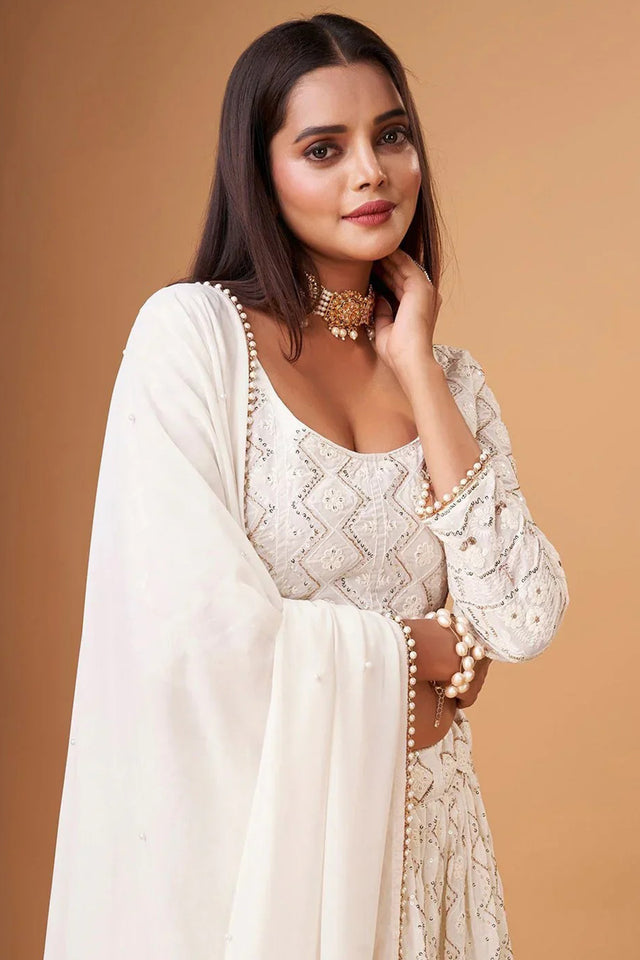 White Sequin Net Lehenga