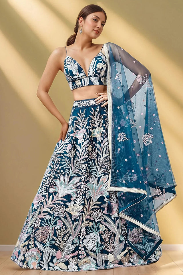 Blue Floral Embroidered Net Lehenga