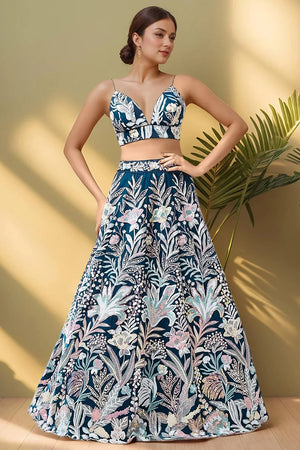Blue Floral Embroidered Net Lehenga