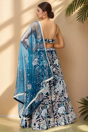 Blue Floral Embroidered Net Lehenga