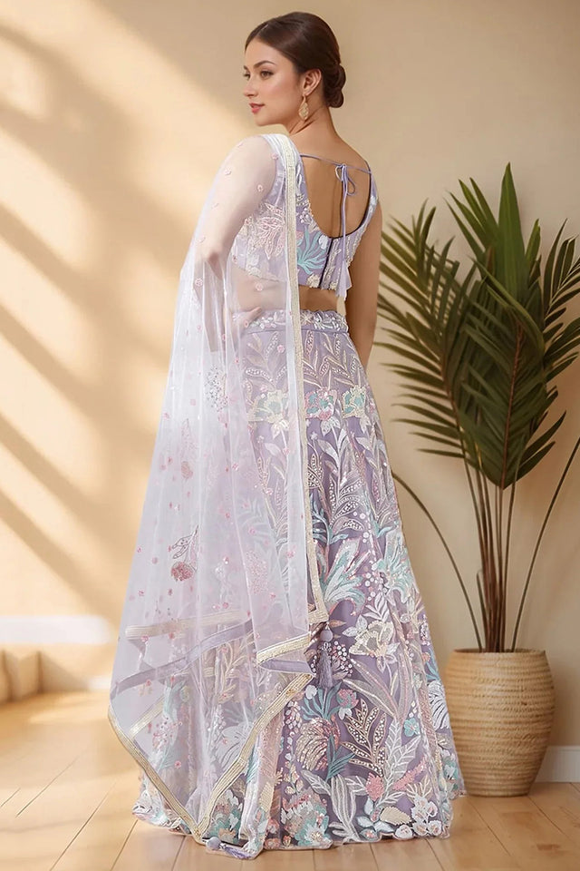 Lavender Floral Embroidered Net Lehenga